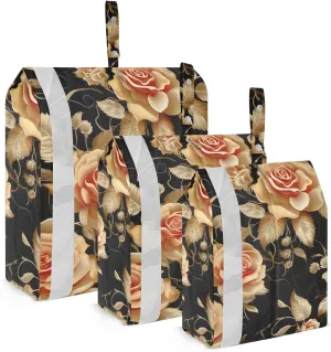 SPRIPORT Gold Roses Leaves Flowers 3 Set Compression Packing Cubes for Travel Lightweight Luggage Organizer Bags for Carry on Suitcase Travel Accessories for Woman Man Clothes Vacation