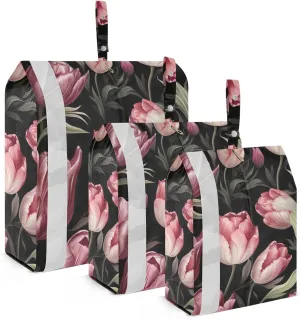 SPRIPORT Tulips Flowers Black 3 Set Compression Packing Cubes for Travel Lightweight Luggage Organizer Bags for Carry on Suitcase Travel Essentials for Man Woman Clothes Vacation