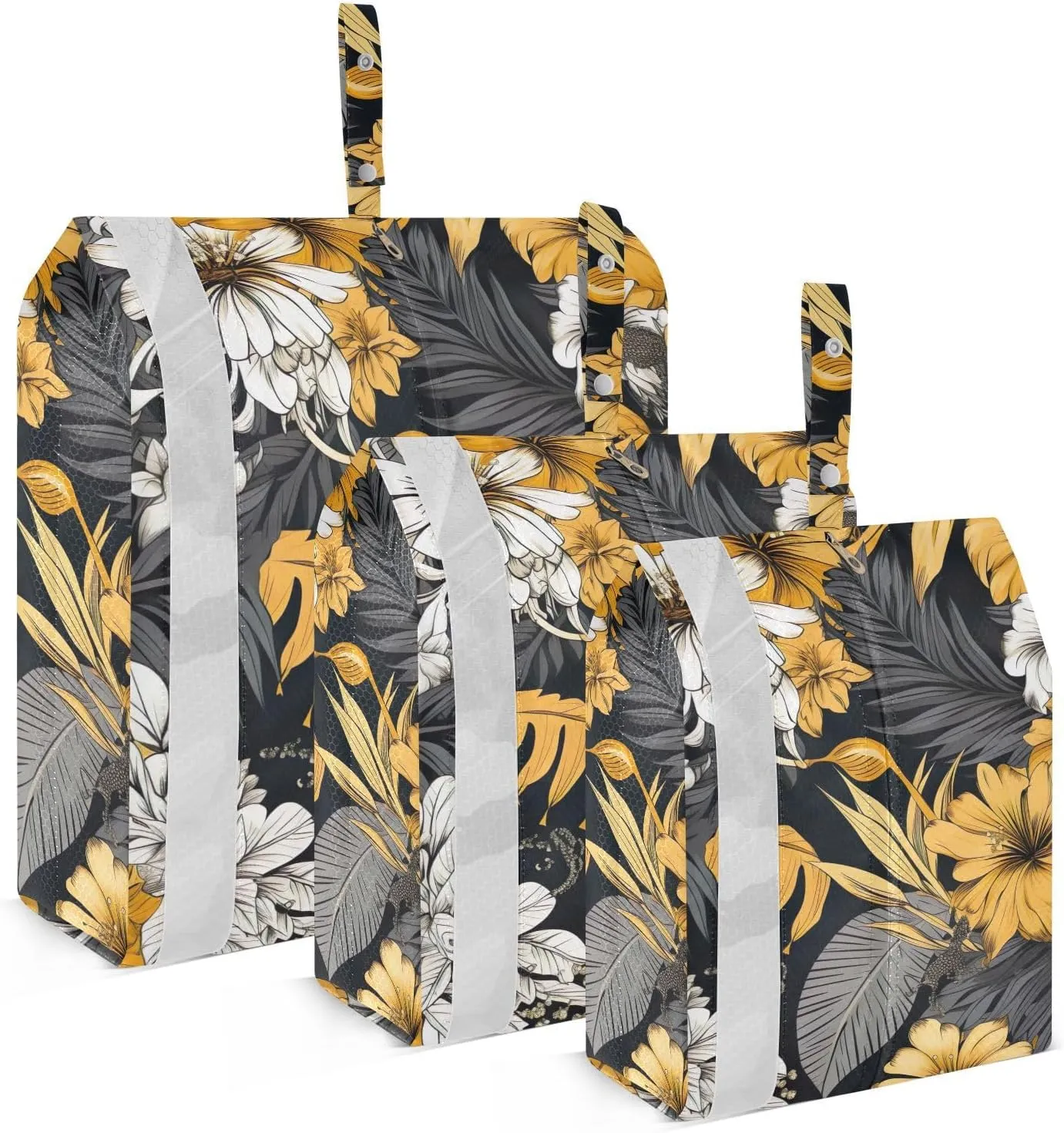 SPRIPORT White Flowers Gold Leaves 3 Set Compression Packing Cubes for Travel Lightweight Luggage Organizer Bags for Carry on Suitcase Travel Accessories for Man Woman Clothes Vacation