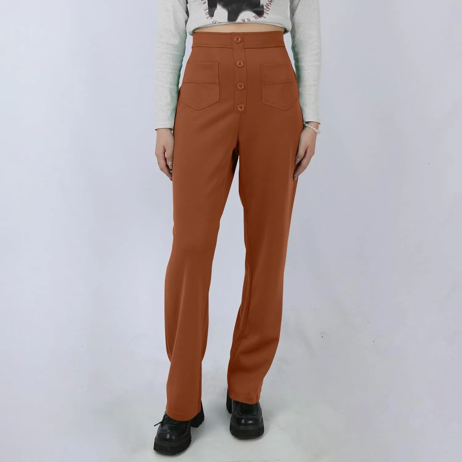 Stretchy Pants for Women Loose Straight Leg Casual Pants Elastic High Waisted Work Trousers Pull on Pants with Pockets