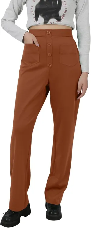 Stretchy Pants for Women Loose Straight Leg Casual Pants Elastic High Waisted Work Trousers Pull on Pants with Pockets