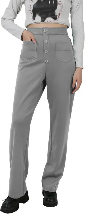 Stretchy Pants for Women Loose Straight Leg Casual Pants Elastic High Waisted Work Trousers Pull on Pants with Pockets