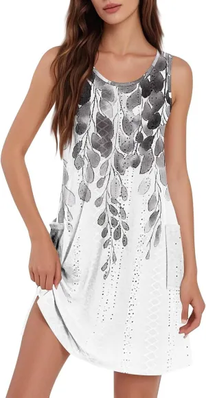 Summer Dresses for Women 2025 Womens Boho Floral Printed Beach Dress V Neck Casual Loose Tank Sundress with Pockets