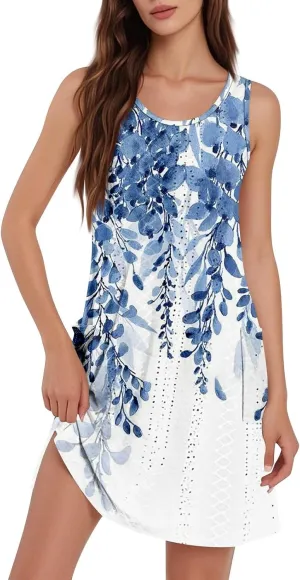 Summer Dresses for Women 2025 Womens Boho Floral Printed Beach Dress V Neck Casual Loose Tank Sundress with Pockets