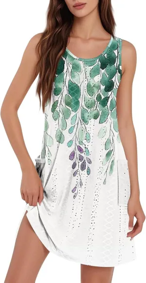 Summer Dresses for Women 2025 Womens Boho Floral Printed Beach Dress V Neck Casual Loose Tank Sundress with Pockets