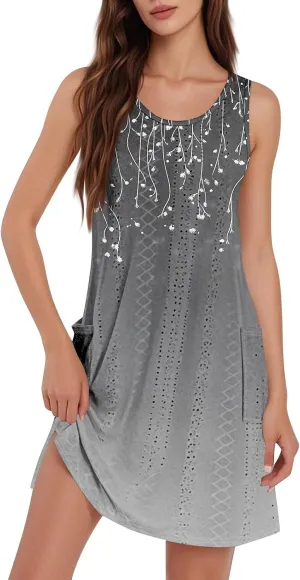 Summer Dresses for Women 2025 Womens Boho Floral Printed Beach Dress V Neck Casual Loose Tank Sundress with Pockets
