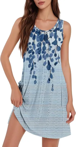 Summer Dresses for Women 2025 Womens Boho Floral Printed Beach Dress V Neck Casual Loose Tank Sundress with Pockets