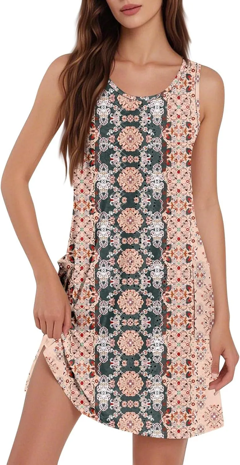 Summer Dresses for Women 2025 Womens Boho Floral Printed Beach Dress V Neck Casual Loose Tank Sundress with Pockets
