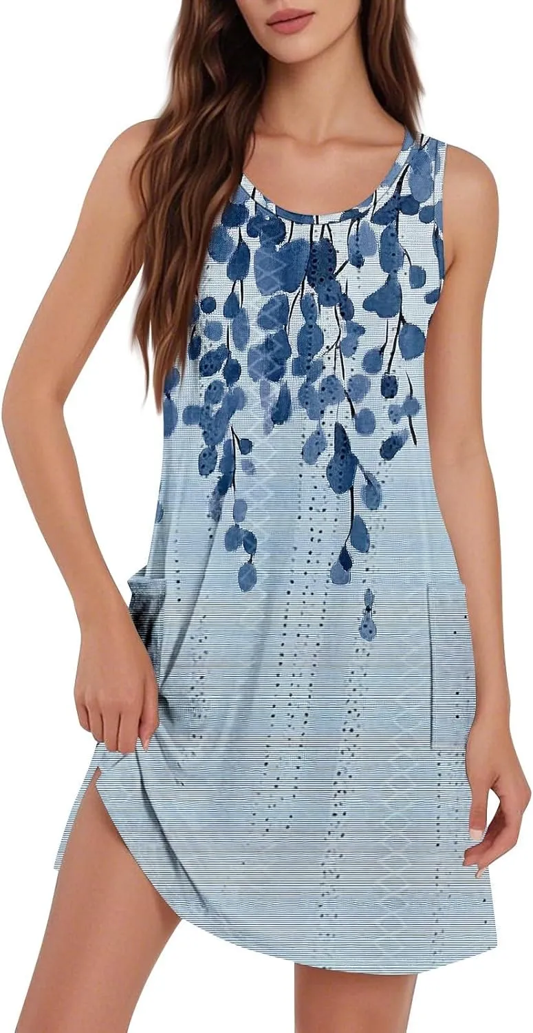 Summer Dresses for Women 2025 Womens Boho Floral Printed Beach Dress V Neck Casual Loose Tank Sundress with Pockets