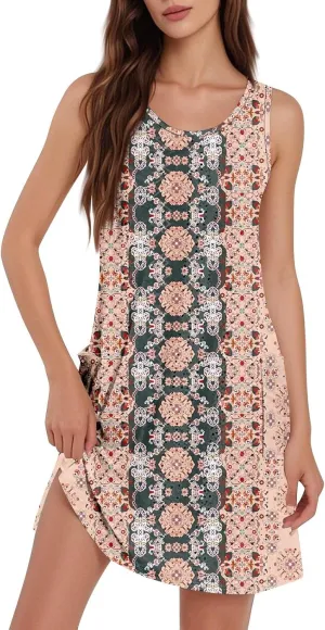 Summer Dresses for Women 2025 Womens Boho Floral Printed Beach Dress V Neck Casual Loose Tank Sundress with Pockets