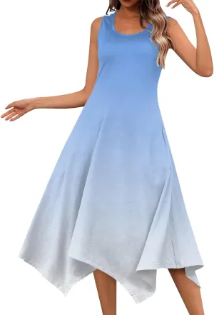 Summer Dresses for Women Elegant Print Swing Hem Tank Midi Dress Casual Plus Size Sleeveless Crew Neck Sundress
