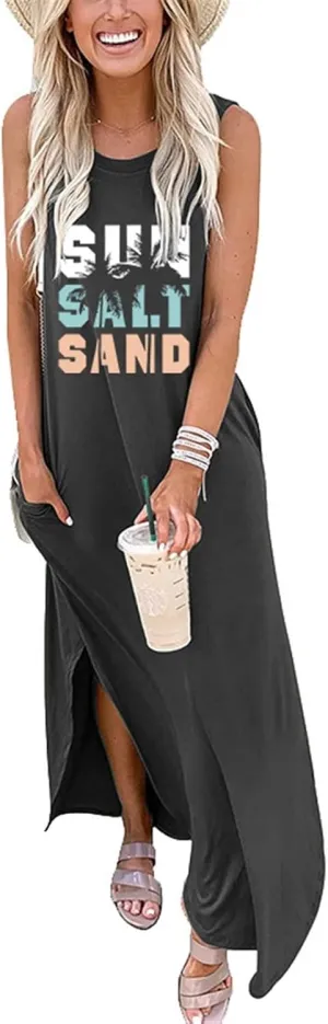 Summer Dresses for Women Sun Salt Sand T-shirt Sundress Sleeveless Casual Loose Tank Dress