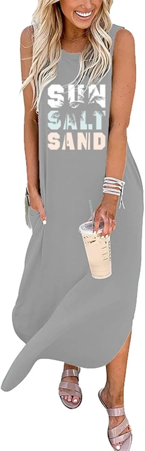 Summer Dresses for Women Sun Salt Sand T-shirt Sundress Sleeveless Casual Loose Tank Dress