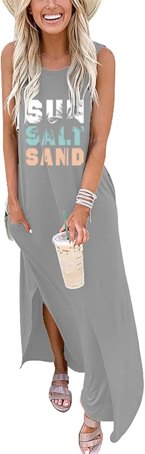 Summer Dresses for Women Sun Salt Sand T-shirt Sundress Sleeveless Casual Loose Tank Dress