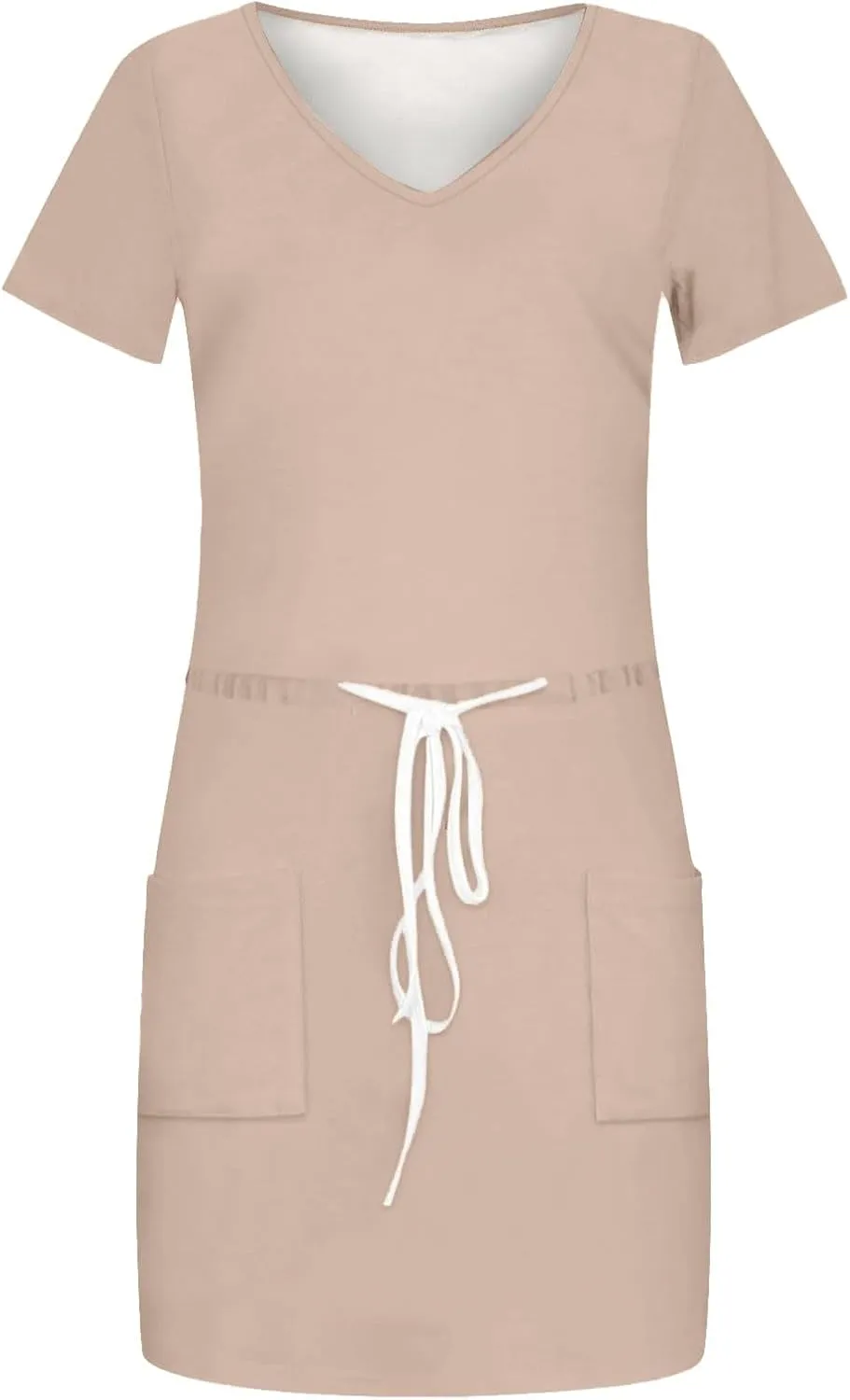 Summer Midi Dress for Women Waist Drawstring Short Sleeve V Neck A Line Loose Casual Short Sundress with Pockets 2025