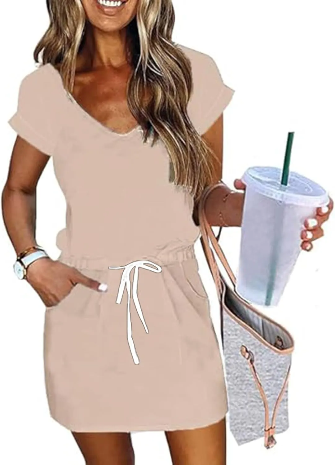 Summer Midi Dress for Women Waist Drawstring Short Sleeve V Neck A Line Loose Casual Short Sundress with Pockets 2025