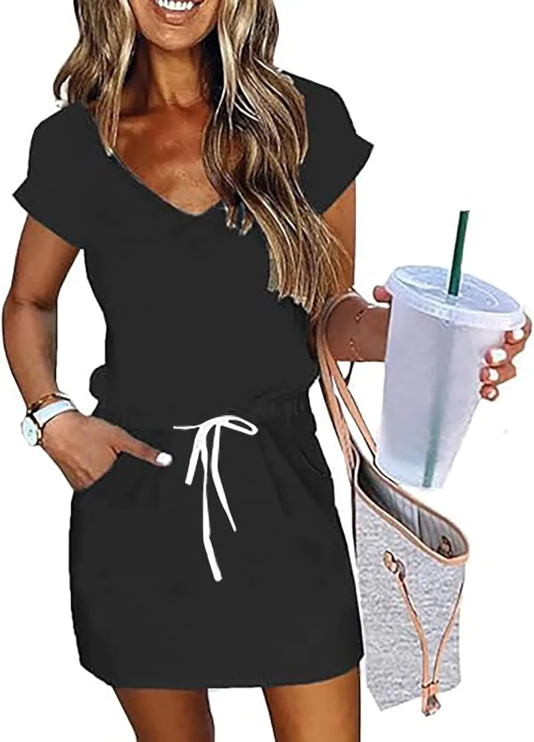 Summer Midi Dress for Women Waist Drawstring Short Sleeve V Neck A Line Loose Casual Short Sundress with Pockets 2025