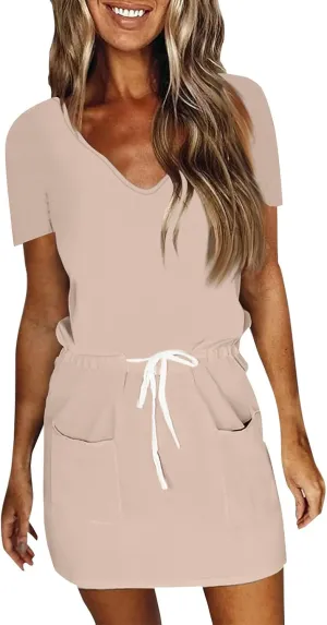 Summer Midi Dress for Women Waist Drawstring Short Sleeve V Neck A Line Loose Casual Short Sundress with Pockets 2025