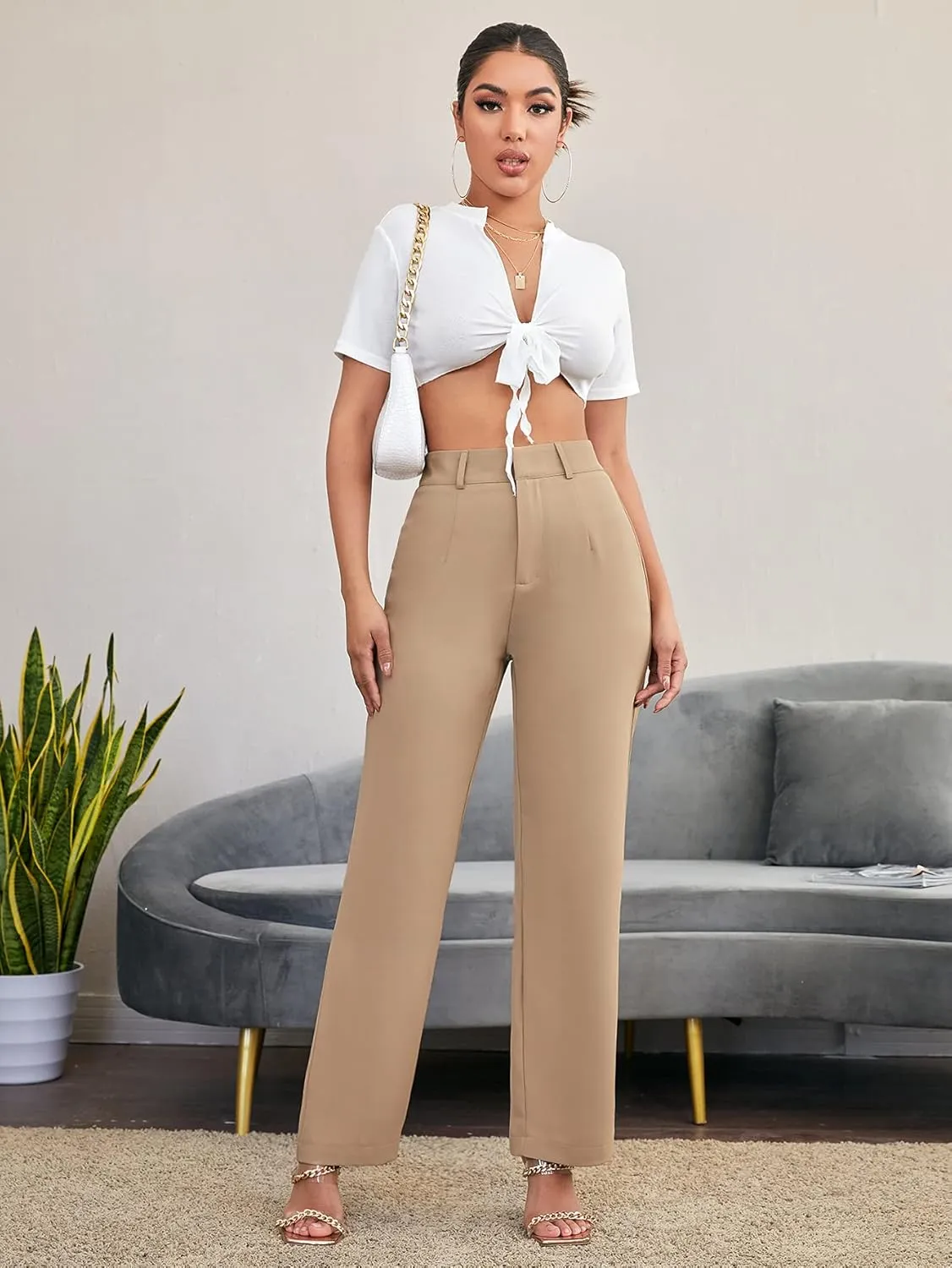 SweatyRocks Women's Elegant High Waist Solid Long Pants Office Trousers