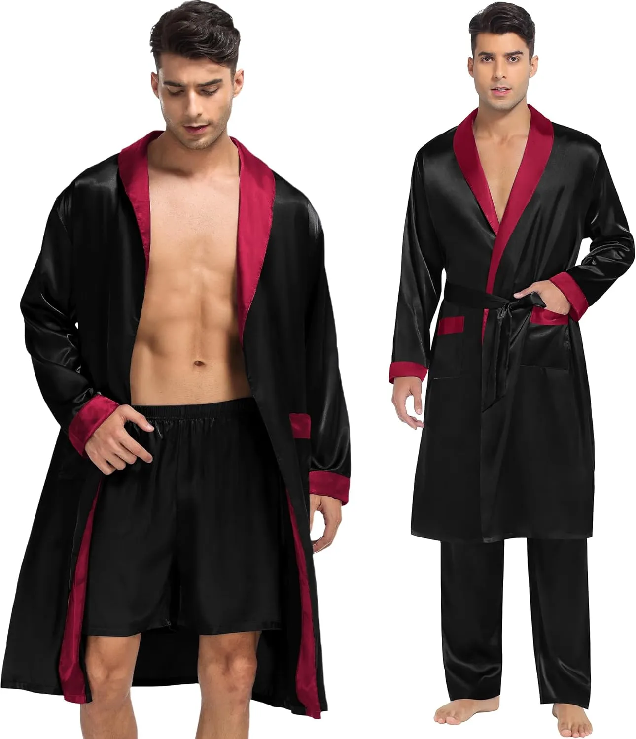 SWOMOG Men's 3 Pcs Robe Silk Satin Kimono Bathrobe with Shorts&Pants Set Lightweight Soft Sleepwear