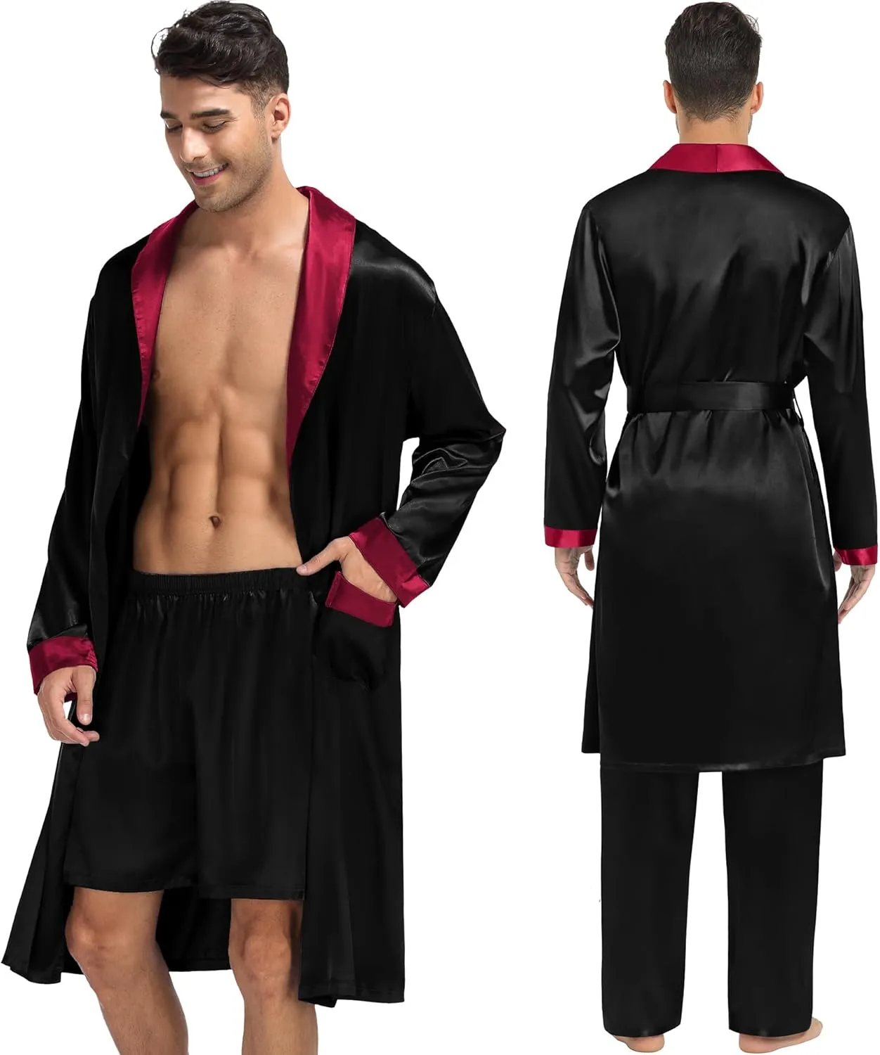 SWOMOG Men's 3 Pcs Robe Silk Satin Kimono Bathrobe with Shorts&Pants Set Lightweight Soft Sleepwear