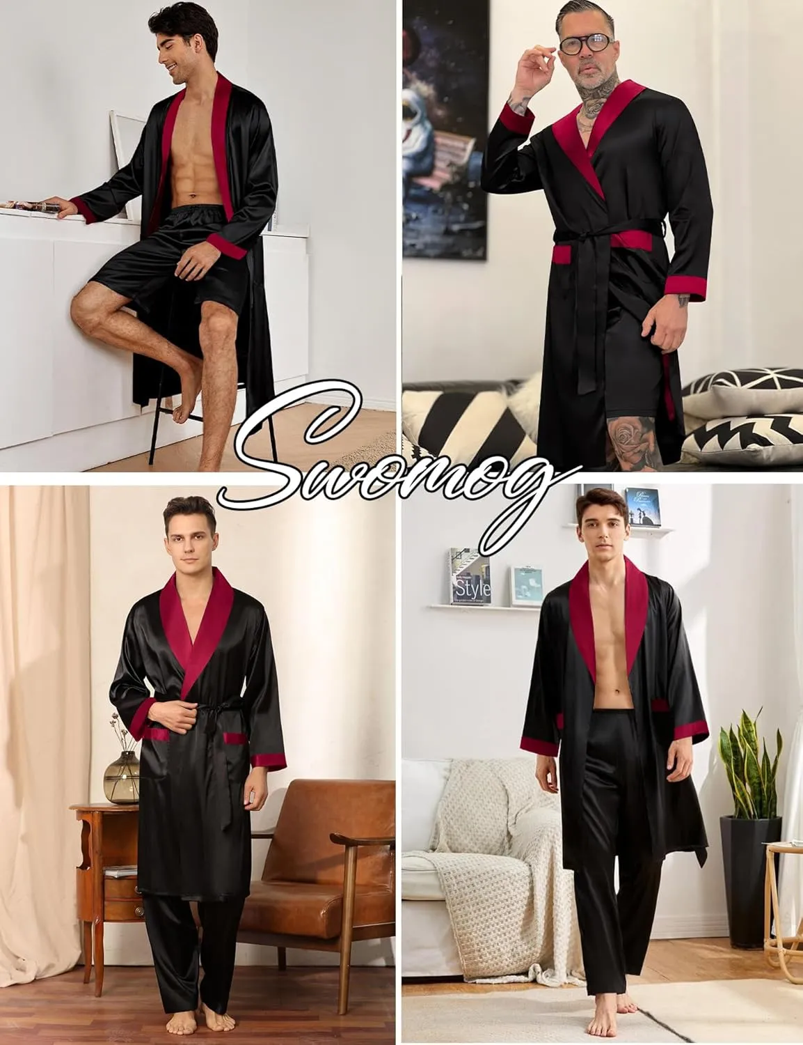 SWOMOG Men's 3 Pcs Robe Silk Satin Kimono Bathrobe with Shorts&Pants Set Lightweight Soft Sleepwear