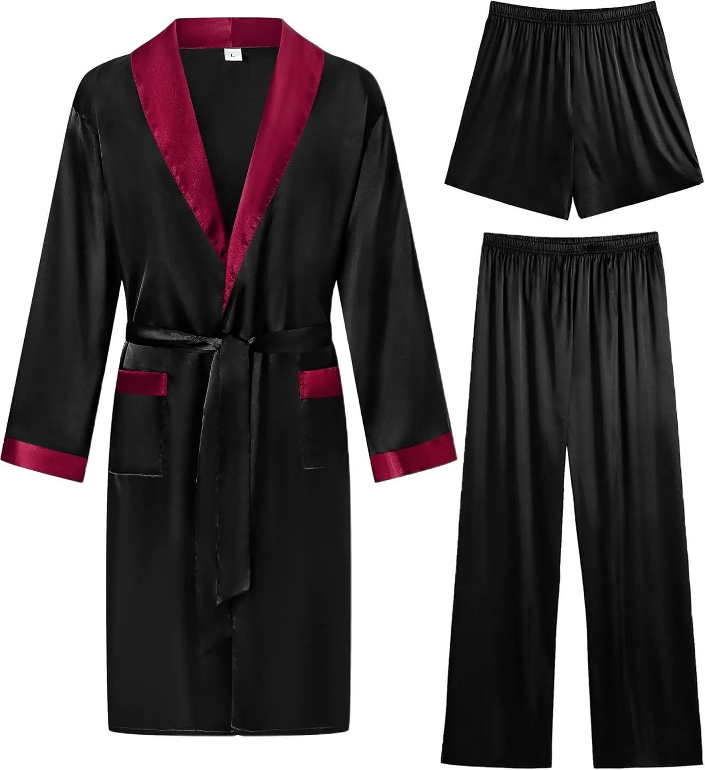 SWOMOG Men's 3 Pcs Robe Silk Satin Kimono Bathrobe with Shorts&Pants Set Lightweight Soft Sleepwear