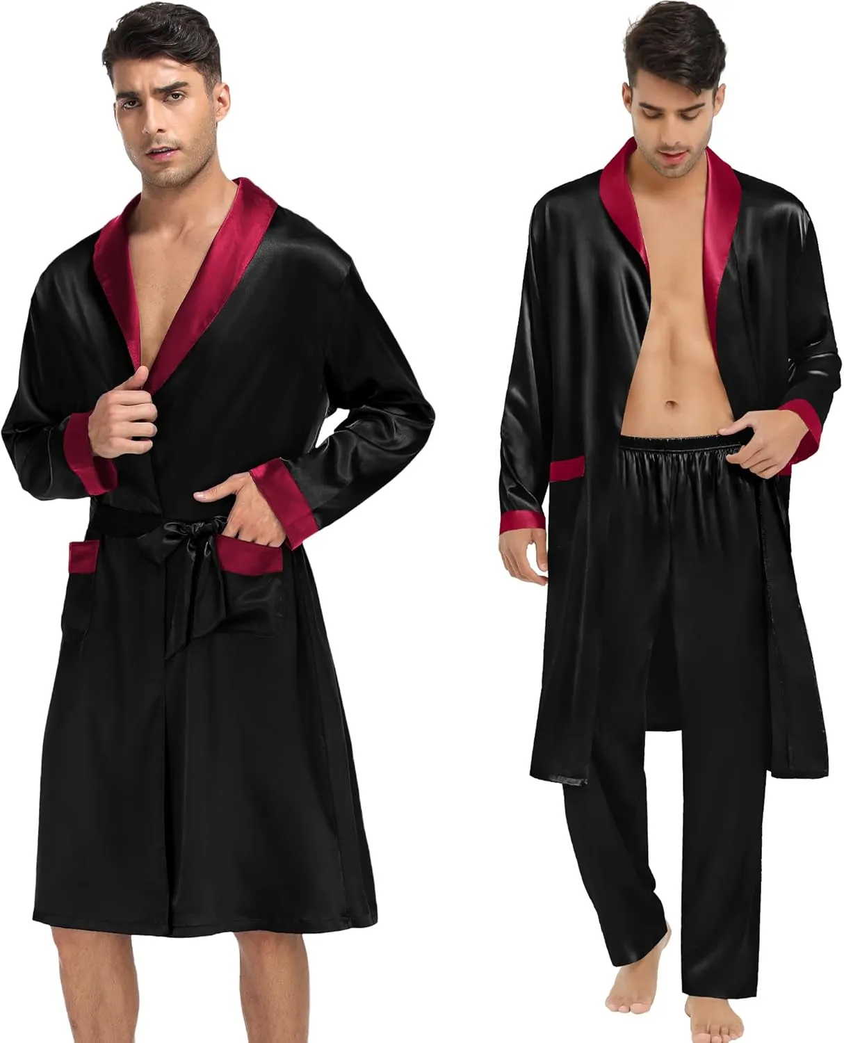 SWOMOG Men's 3 Pcs Robe Silk Satin Kimono Bathrobe with Shorts&Pants Set Lightweight Soft Sleepwear