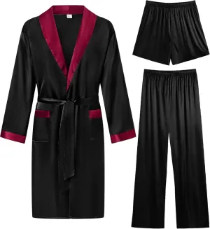 SWOMOG Men's 3 Pcs Robe Silk Satin Kimono Bathrobe with Shorts&Pants Set Lightweight Soft Sleepwear