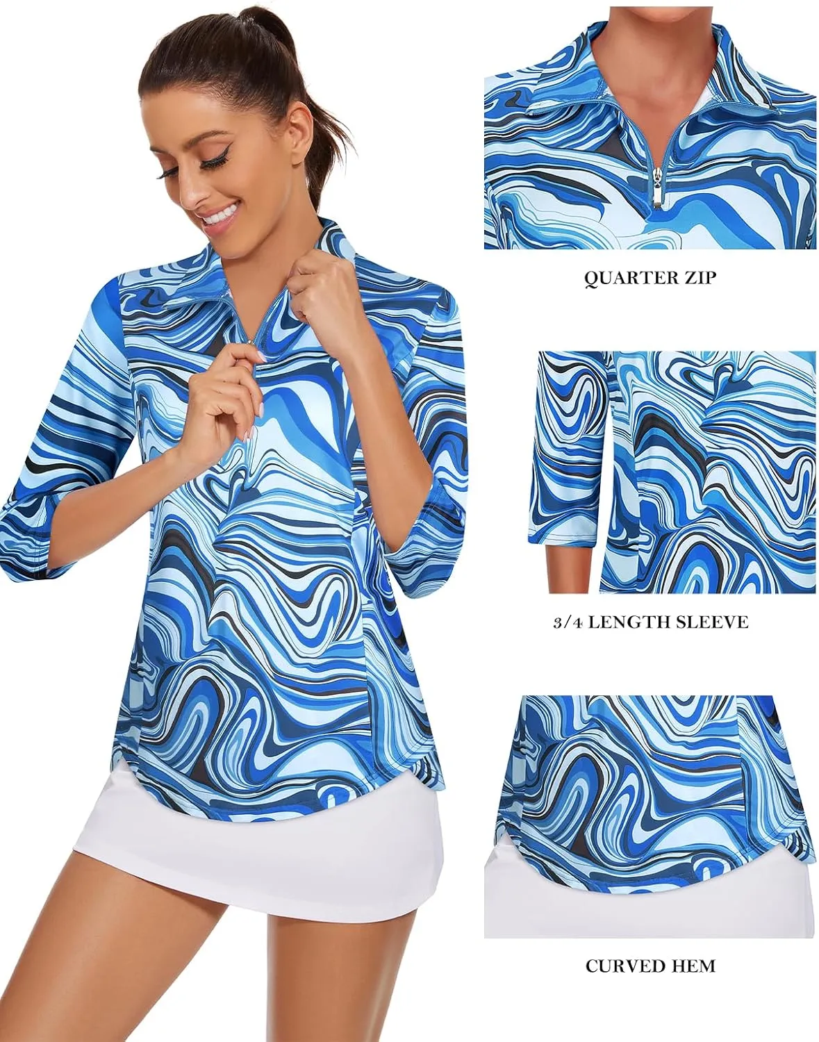 Tanst Sky Womens Golf Polo Shirts Zipper 3/4 Sleeve Moisture Wicking Tops UPF 50  Workout Tennis Apparel
