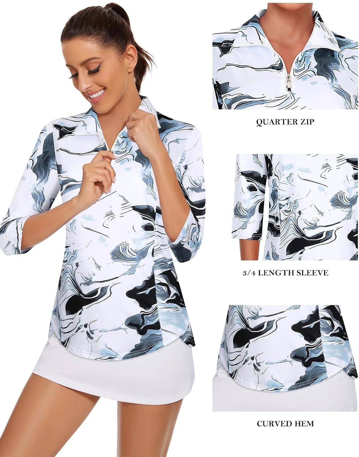 Tanst Sky Womens Golf Polo Shirts Zipper 3/4 Sleeve Moisture Wicking Tops UPF 50  Workout Tennis Apparel