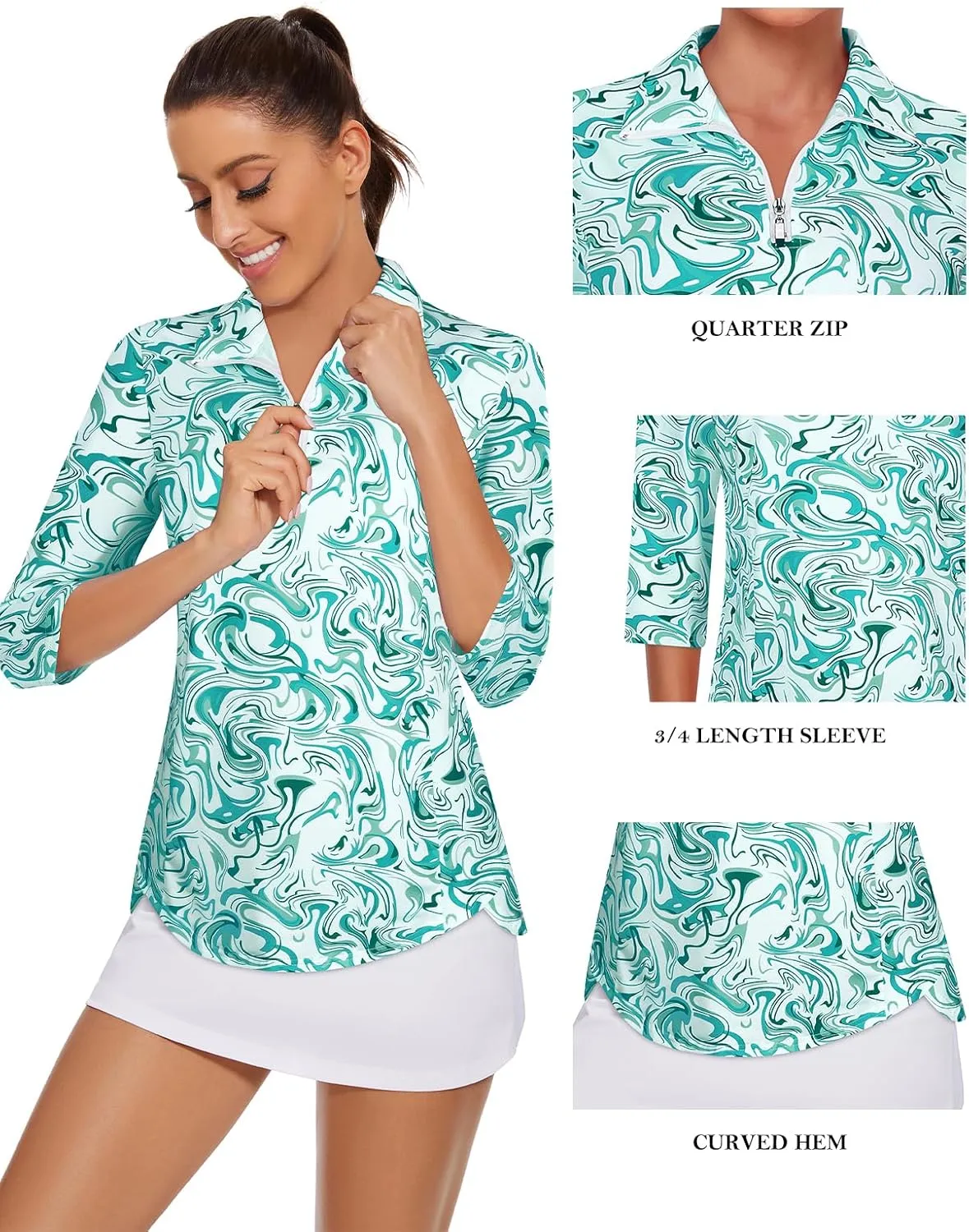 Tanst Sky Womens Golf Polo Shirts Zipper 3/4 Sleeve Moisture Wicking Tops UPF 50  Workout Tennis Apparel