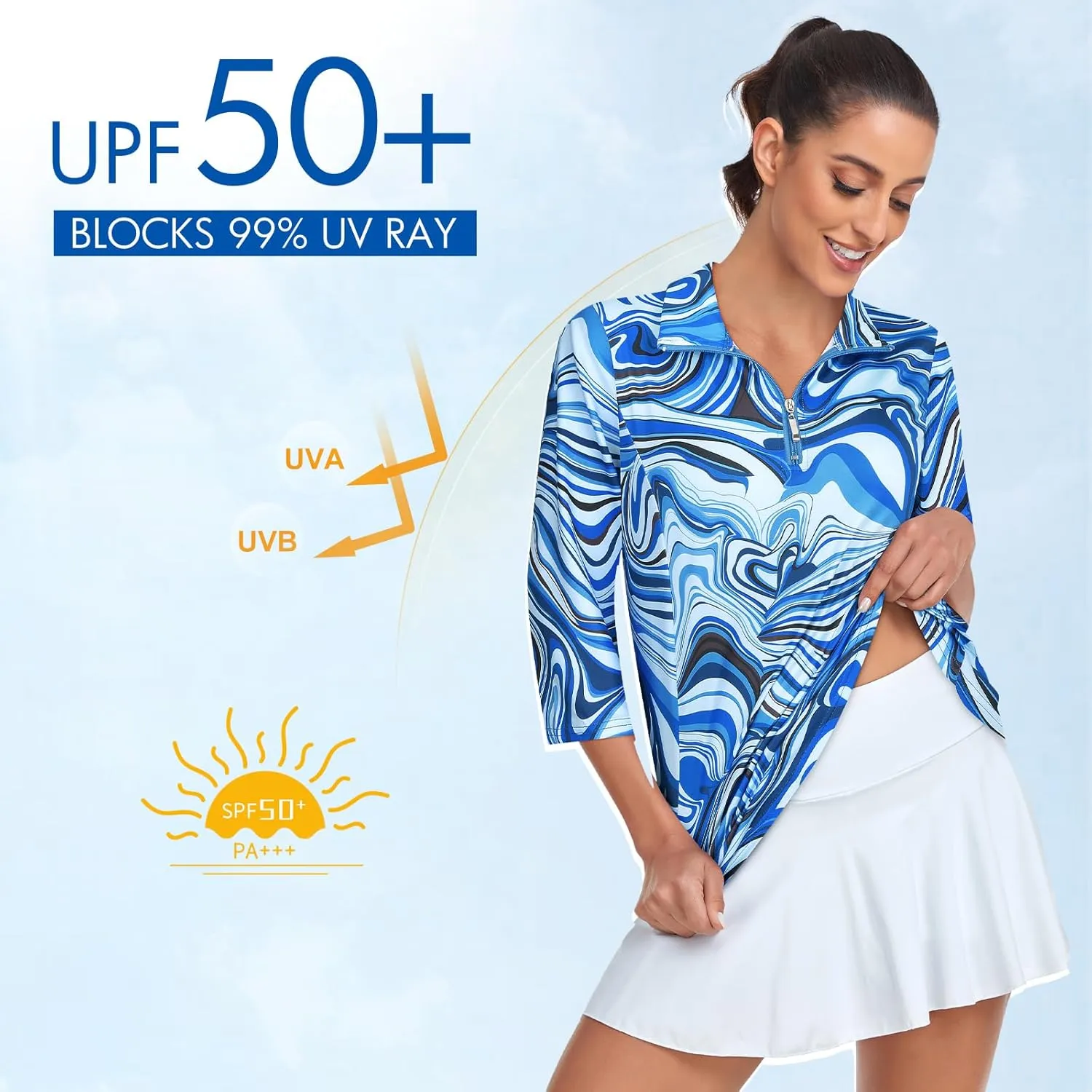 Tanst Sky Womens Golf Polo Shirts Zipper 3/4 Sleeve Moisture Wicking Tops UPF 50  Workout Tennis Apparel