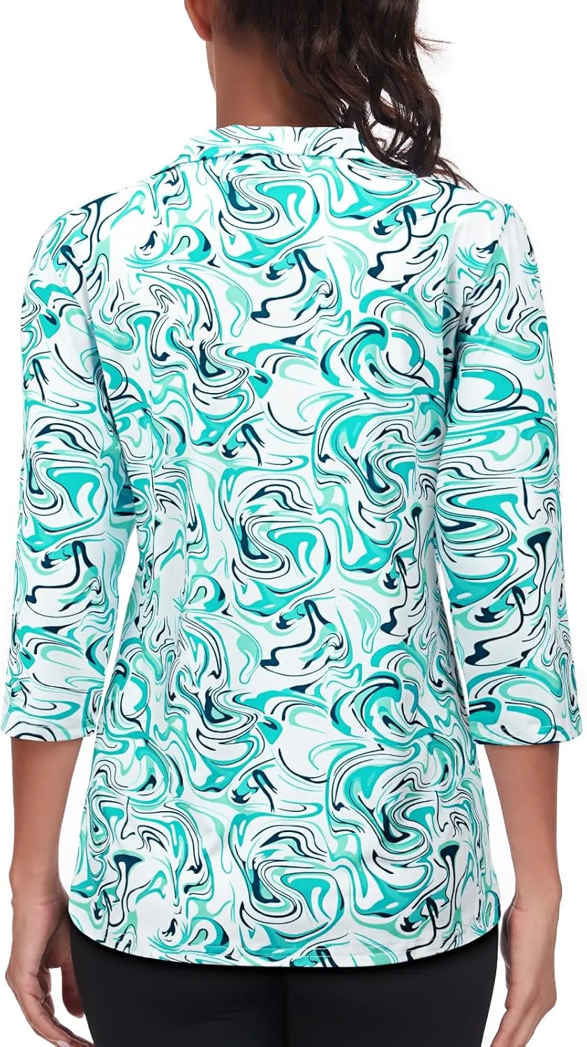 Tanst Sky Womens Golf Polo Shirts Zipper 3/4 Sleeve Moisture Wicking Tops UPF 50  Workout Tennis Apparel
