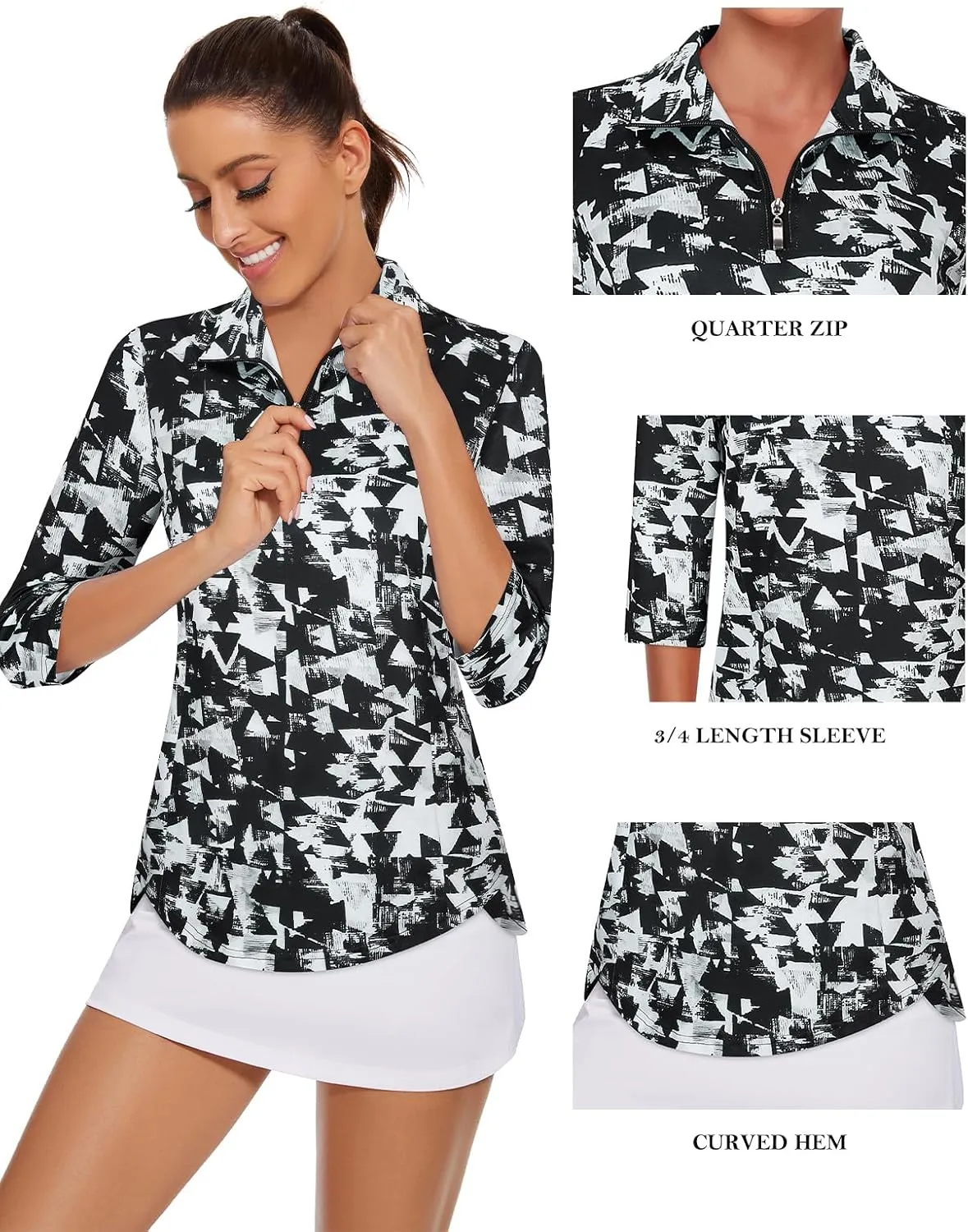 Tanst Sky Womens Golf Polo Shirts Zipper 3/4 Sleeve Moisture Wicking Tops UPF 50  Workout Tennis Apparel