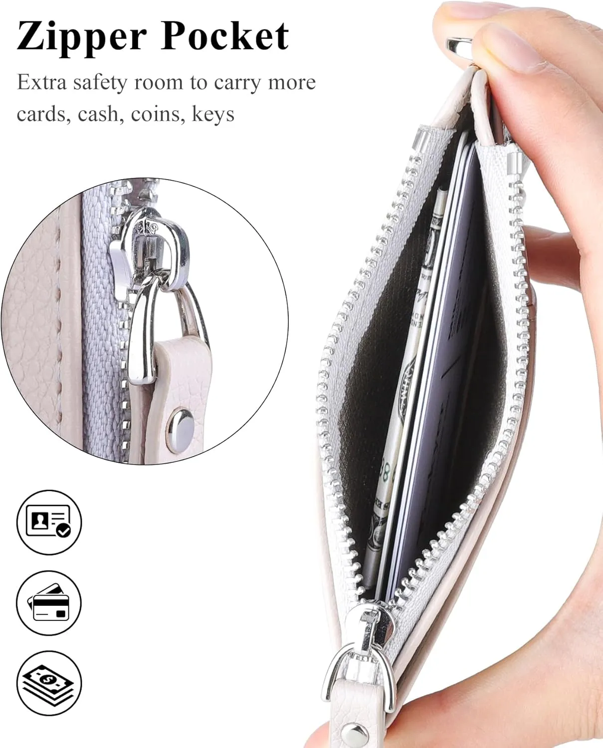Teskyer Slim Minimalist Wallet, RFID Blocking Credit Card Holder Leather Wallet with Zipper Pocket for Men Women - Lichee Beige