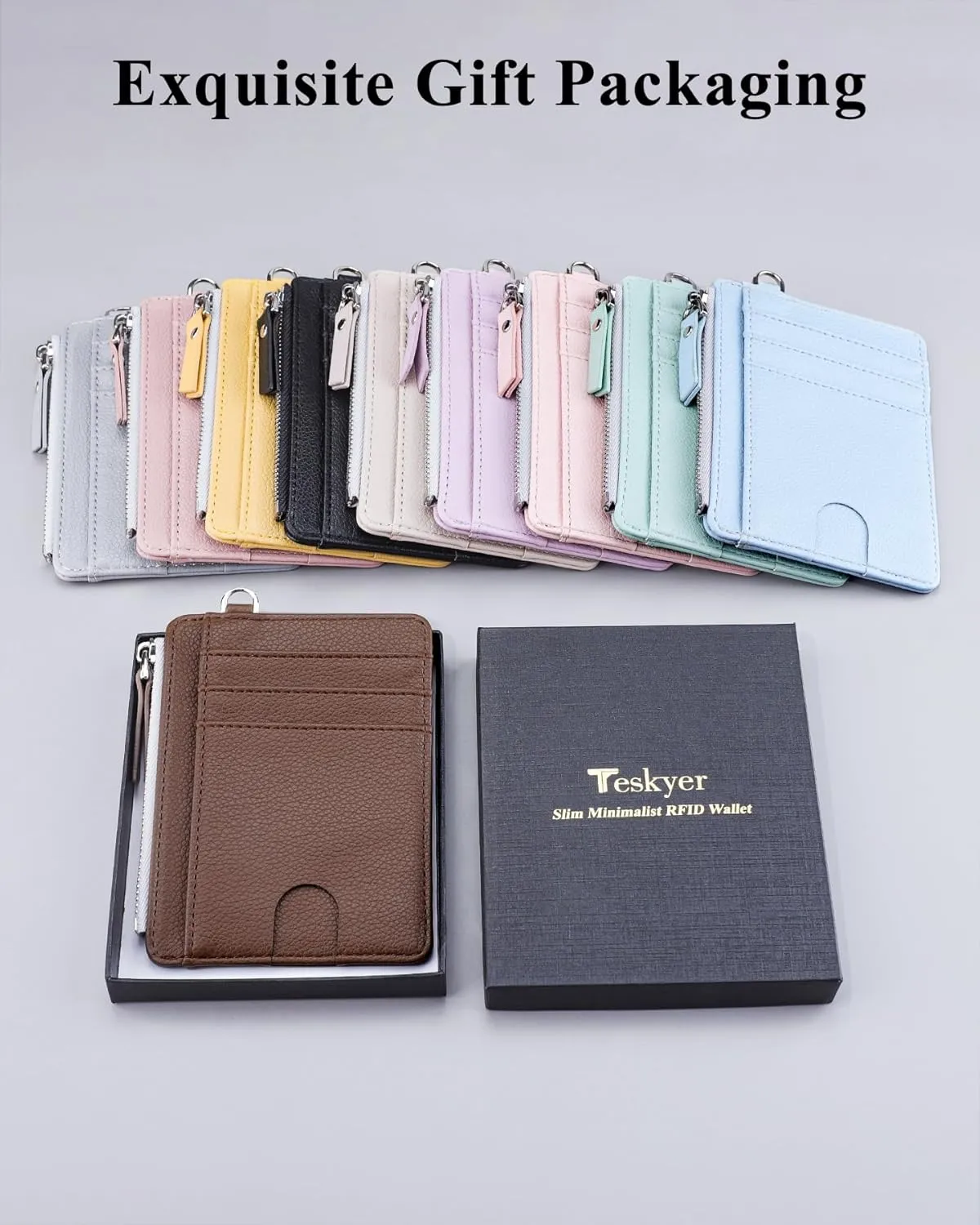 Teskyer Slim Minimalist Wallet, RFID Blocking Credit Card Holder Leather Wallet with Zipper Pocket for Men Women - Lichee Coffee