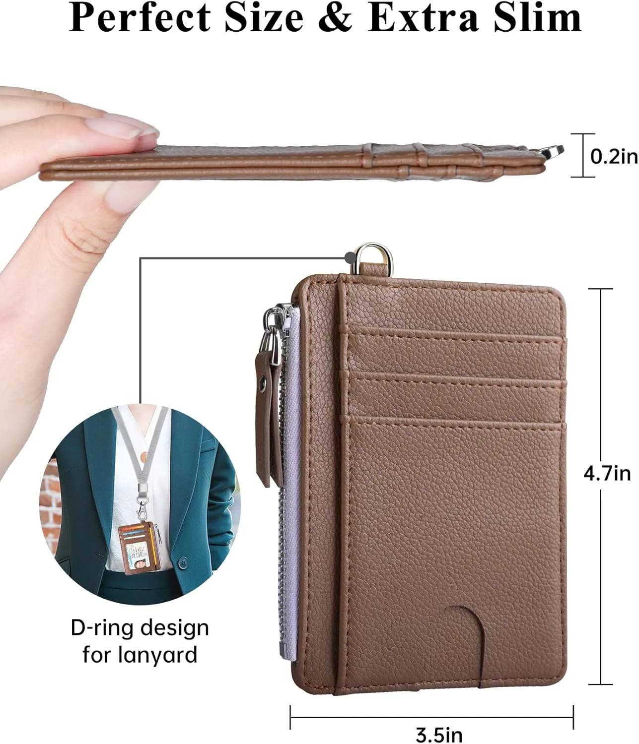 Teskyer Slim Minimalist Wallet, RFID Blocking Credit Card Holder Leather Wallet with Zipper Pocket for Men Women - Lichee Coffee