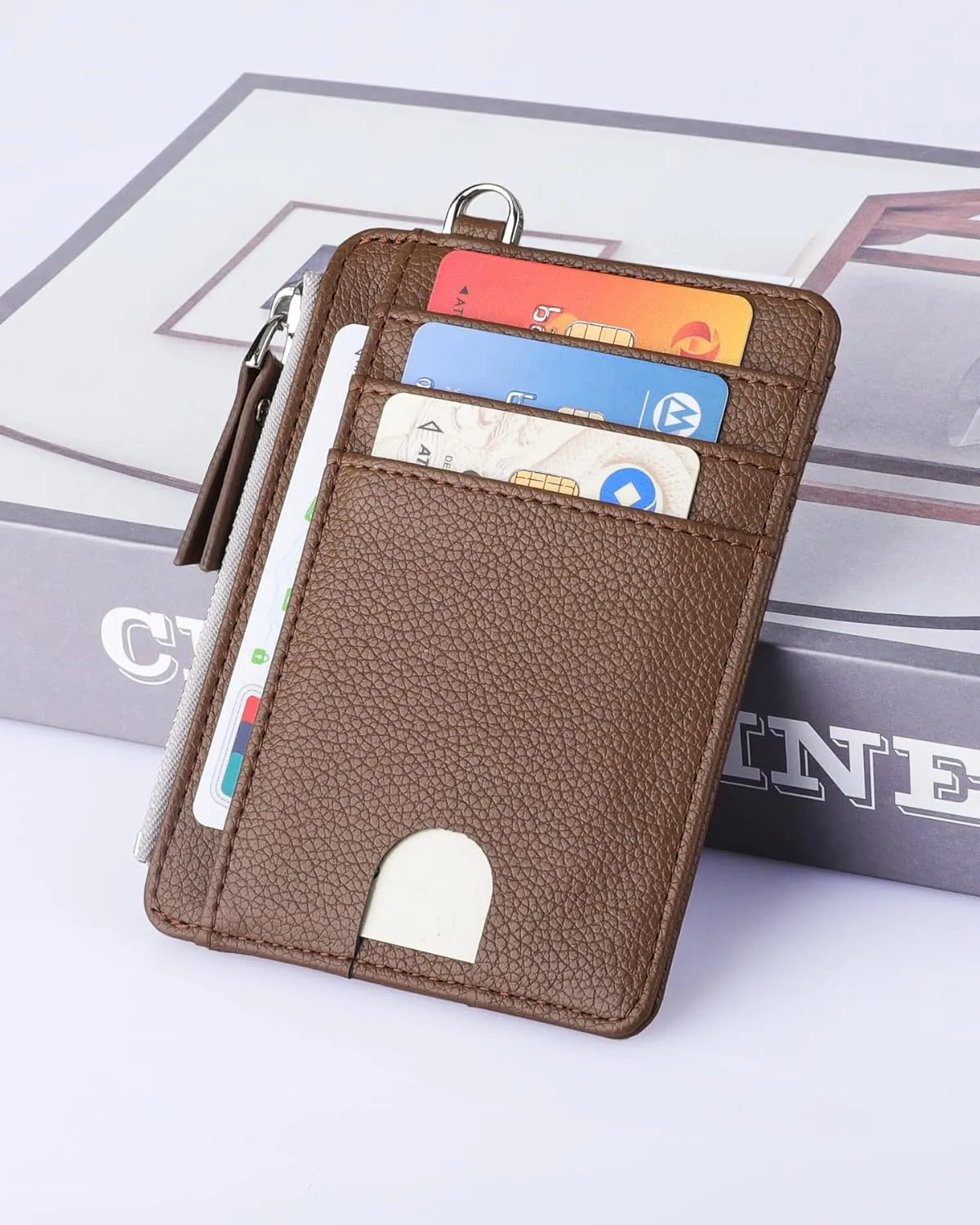 Teskyer Slim Minimalist Wallet, RFID Blocking Credit Card Holder Leather Wallet with Zipper Pocket for Men Women - Lichee Coffee