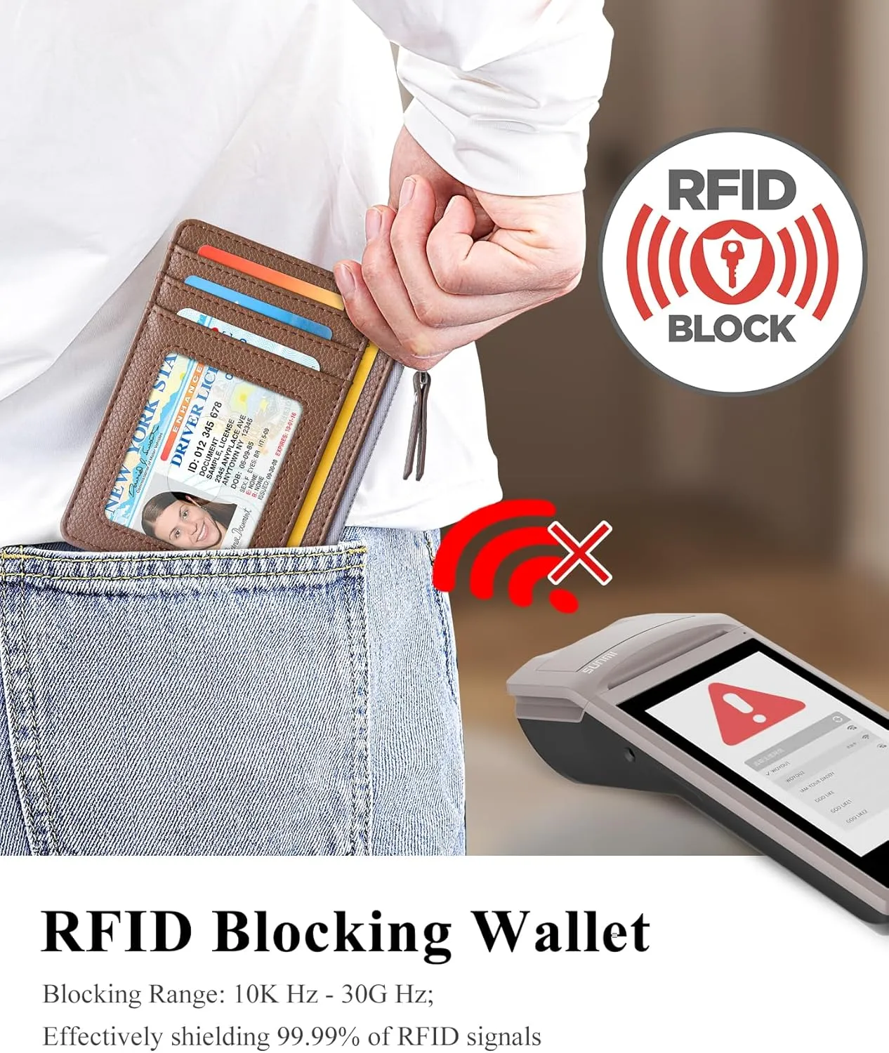 Teskyer Slim Minimalist Wallet, RFID Blocking Credit Card Holder Leather Wallet with Zipper Pocket for Men Women - Lichee Coffee