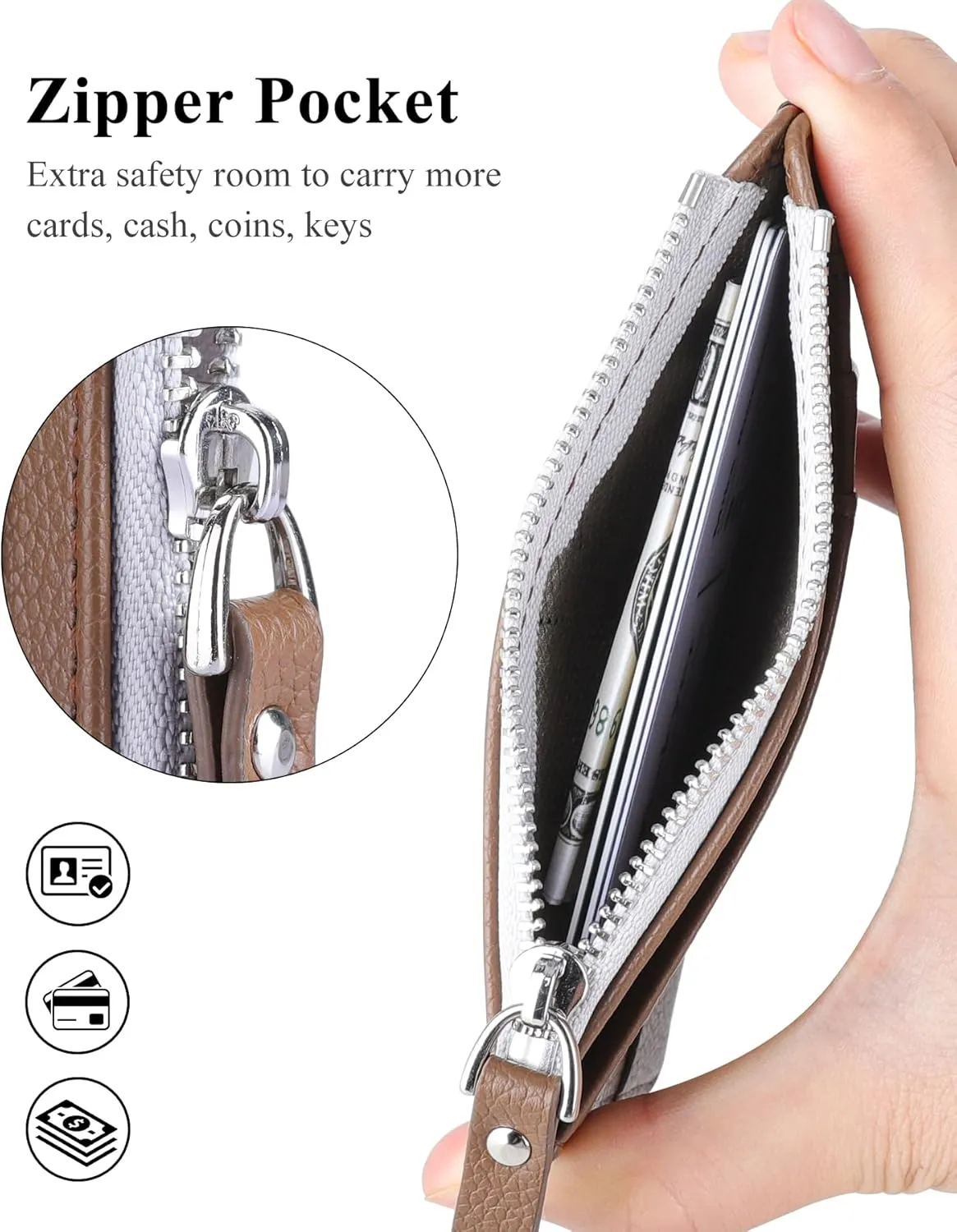 Teskyer Slim Minimalist Wallet, RFID Blocking Credit Card Holder Leather Wallet with Zipper Pocket for Men Women - Lichee Coffee