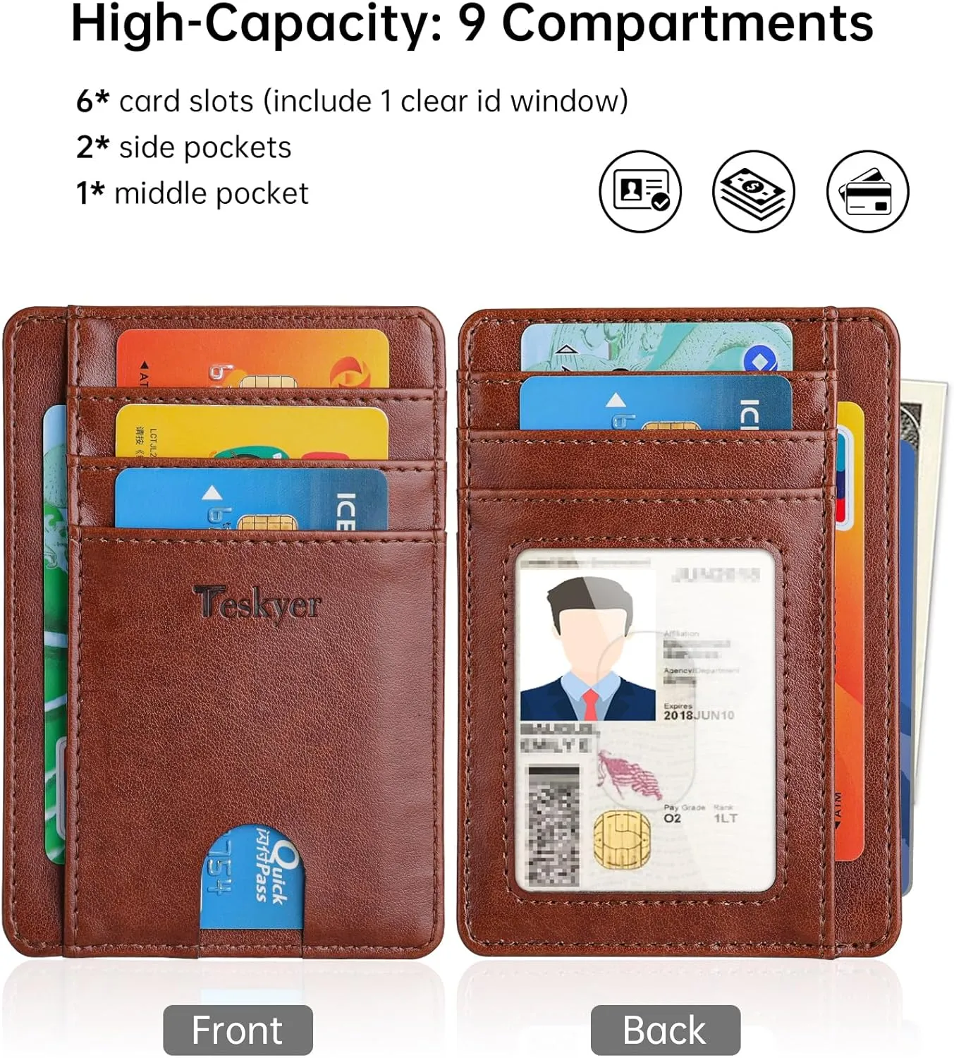 Teskyer Slim Wallet for Men, Minimalist Front Pocket RFID Blocking Leather Wallet Credit Card Holder for Men & Women