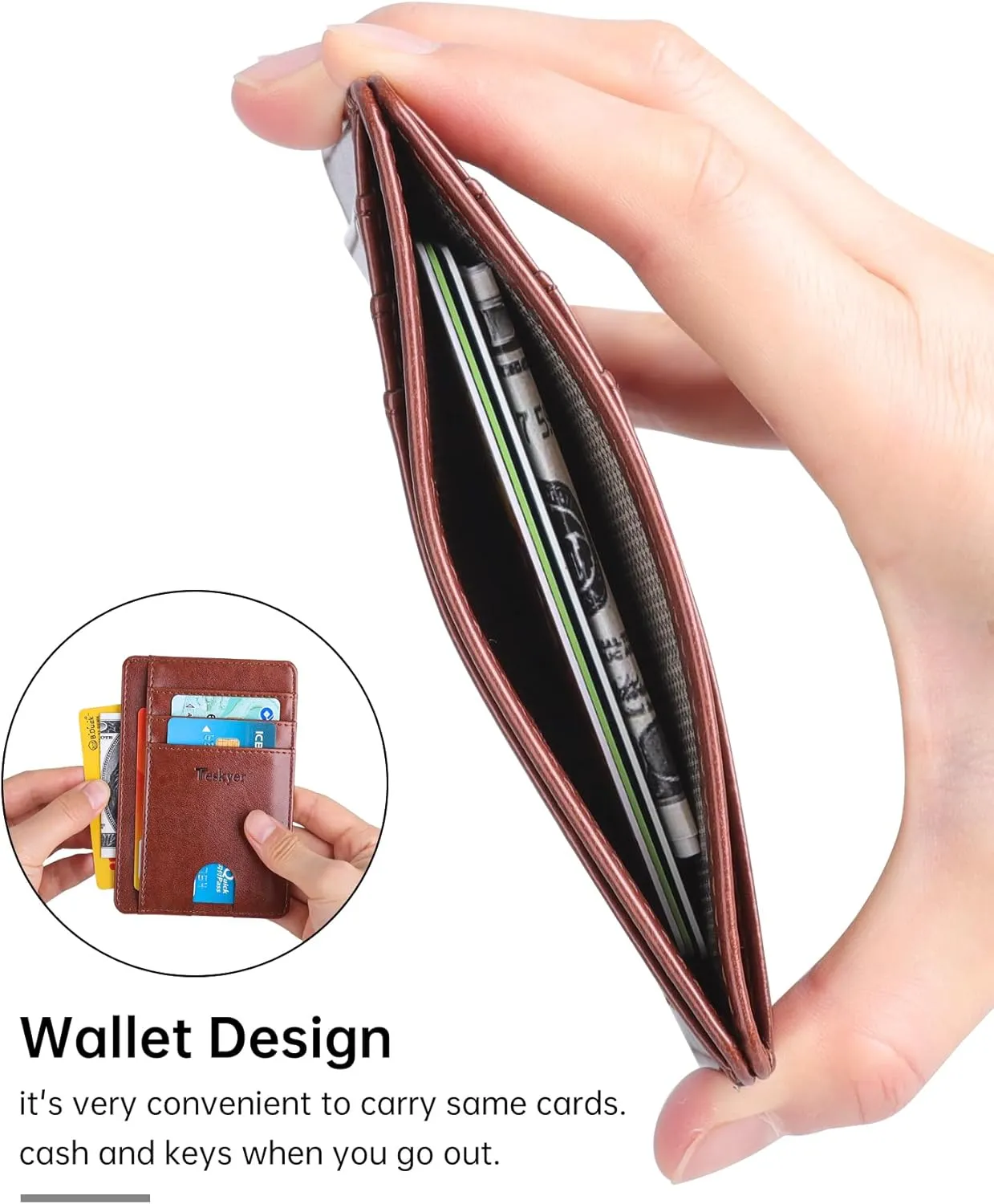 Teskyer Slim Wallet for Men, Minimalist Front Pocket RFID Blocking Leather Wallet Credit Card Holder for Men & Women