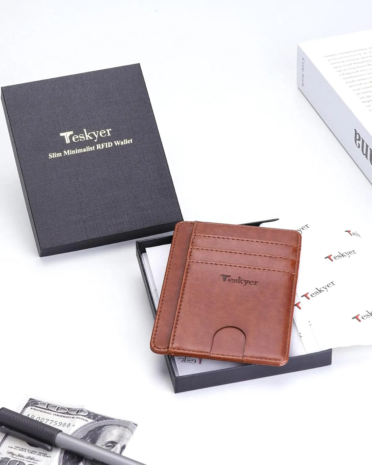 Teskyer Slim Wallet for Men, Minimalist Front Pocket RFID Blocking Leather Wallet Credit Card Holder for Men & Women