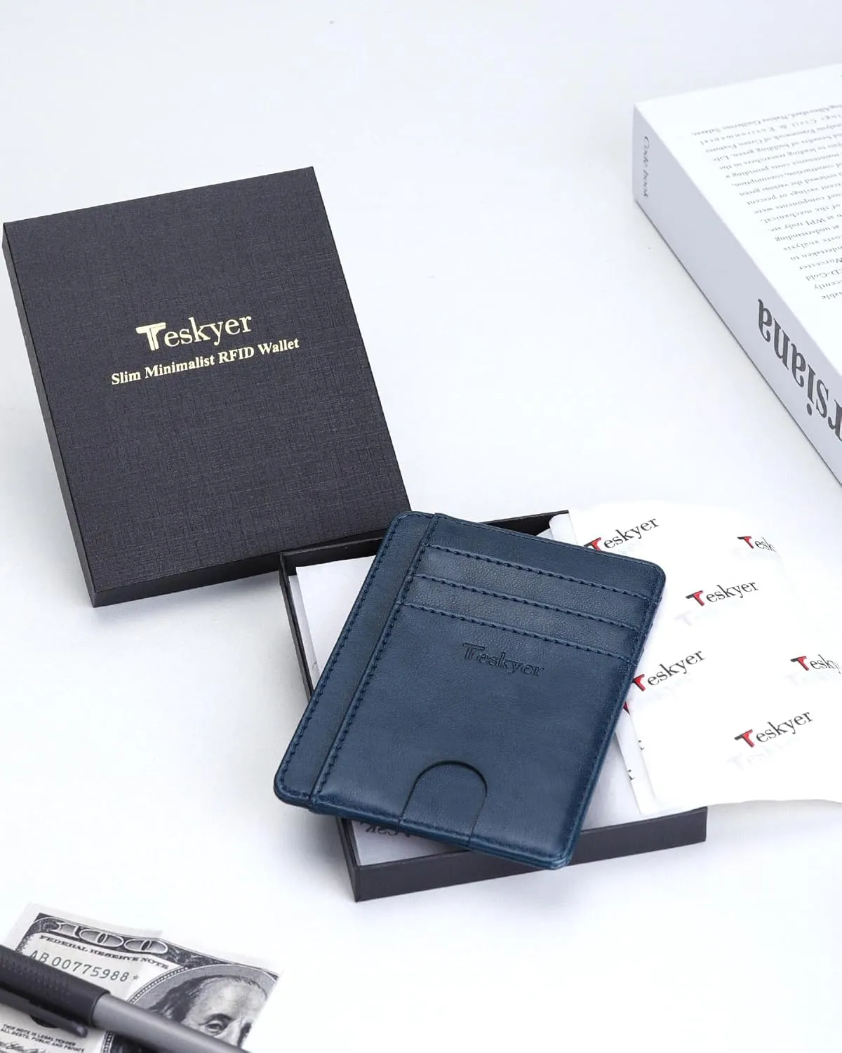 Teskyer Slim Wallet for Men, Minimalist Front Pocket RFID Blocking Leather Wallet Credit Card Holder for Men & Women