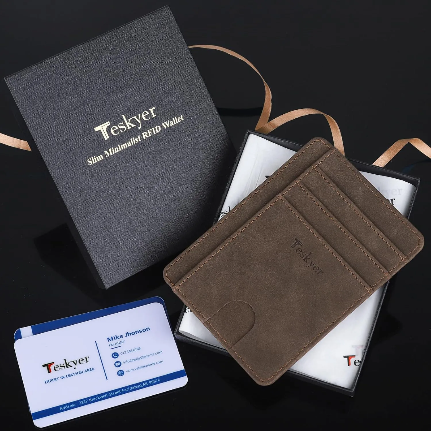Teskyer Slim Wallet for Men, Minimalist Front Pocket RFID Blocking Leather Wallet Credit Card Holder for Men & Women
