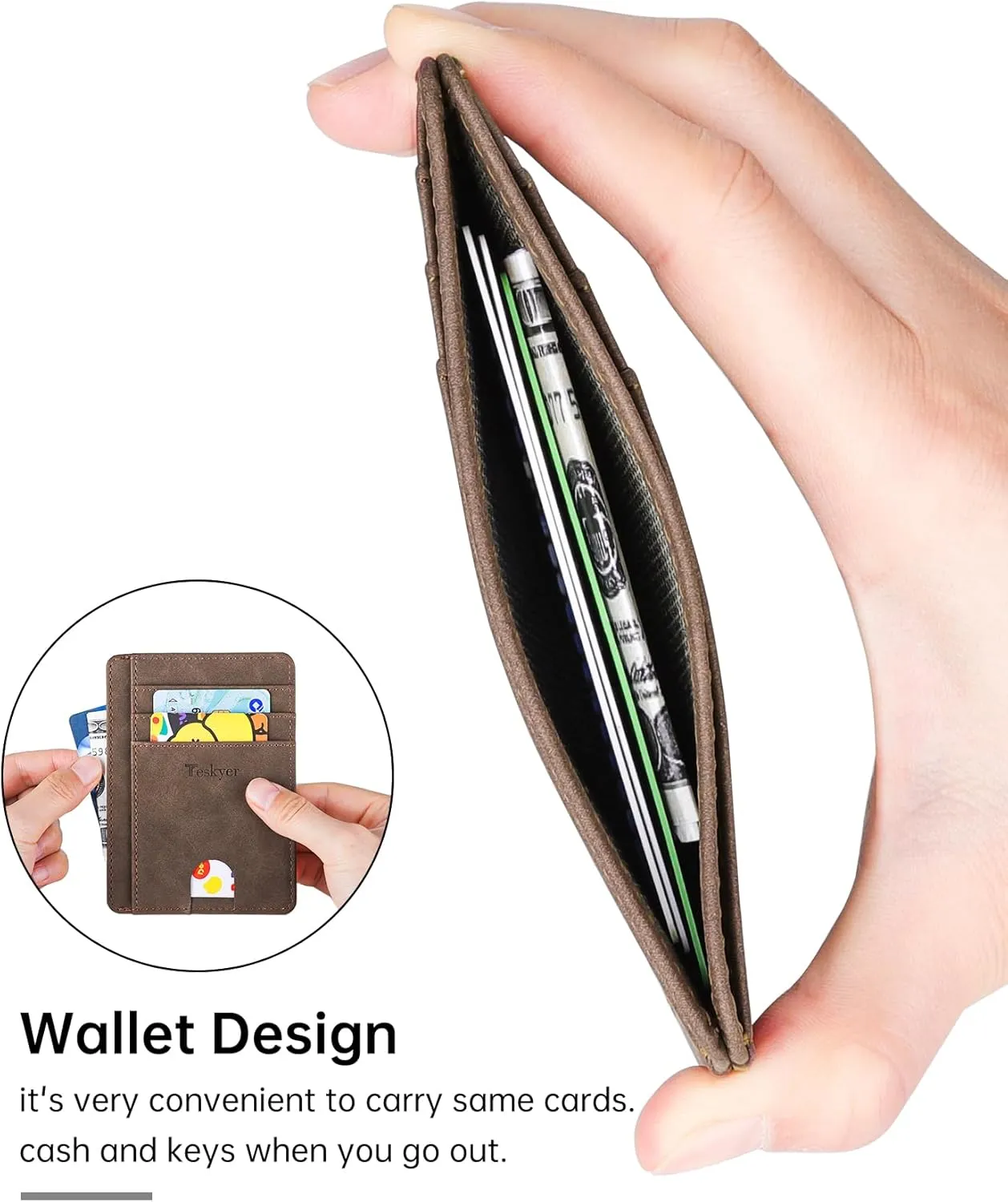 Teskyer Slim Wallet for Men, Minimalist Front Pocket RFID Blocking Leather Wallet Credit Card Holder for Men & Women