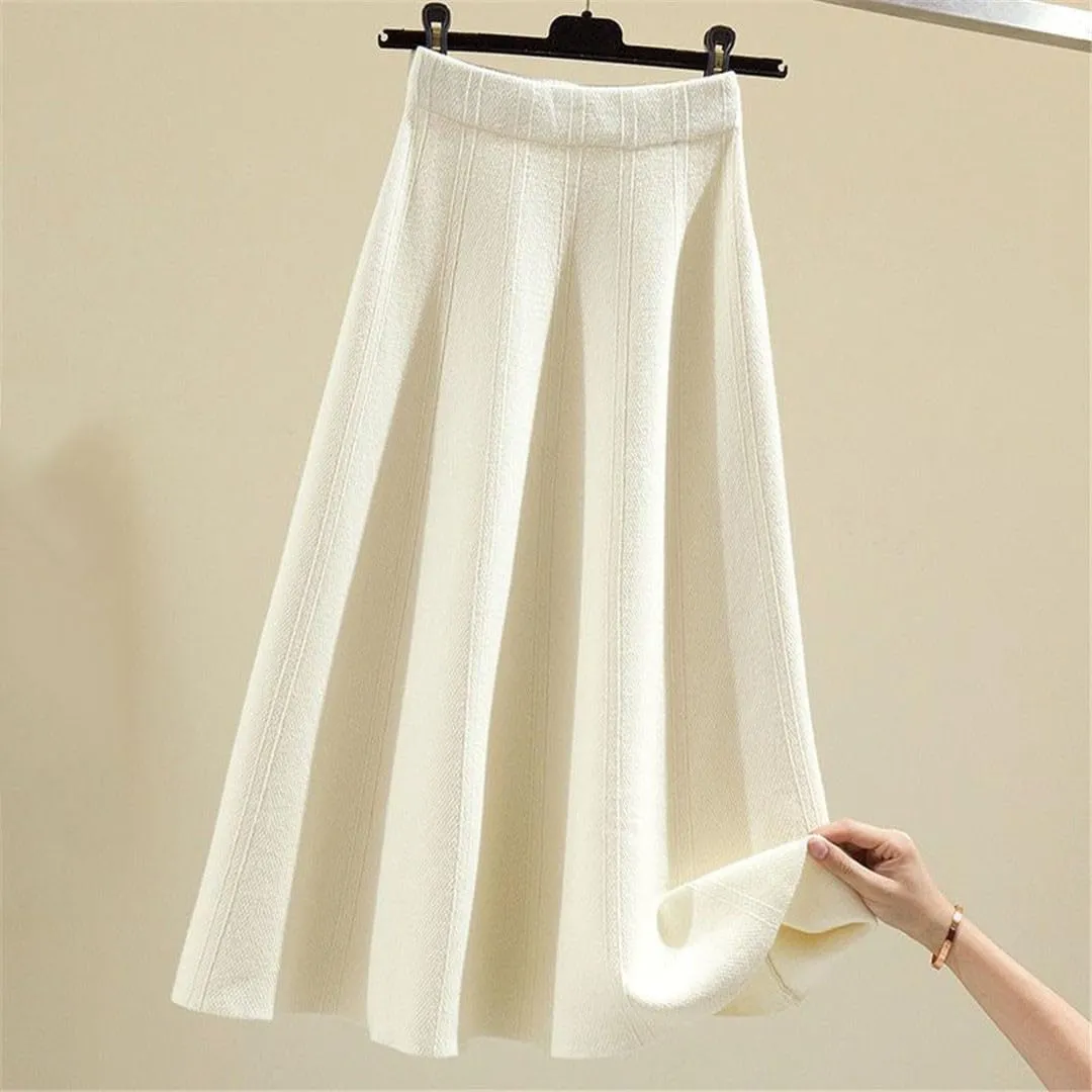 Thick Mid-Length Knitted Skirt Women High Waist A-Line Midi Skirts Autumn Winter Solid Color Pleated Skirts