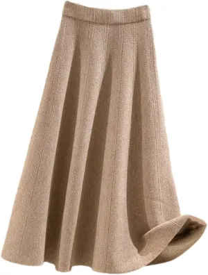Thick Mid-Length Knitted Skirt Women High Waist A-Line Midi Skirts Autumn Winter Solid Color Pleated Skirts