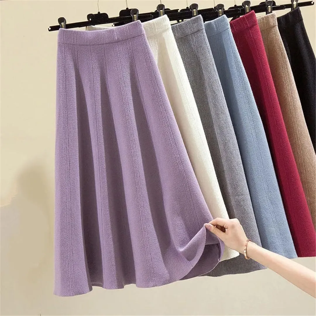 Thick Mid-Length Knitted Skirt Women High Waist A-Line Midi Skirts Autumn Winter Solid Color Pleated Skirts